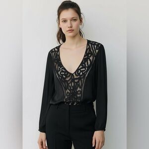 bebe vintage 100% silk Black Lace Deep V-Neck Blouse
